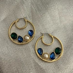 Beautiful gold tone hoop earrings with blue and green and pearl jewels